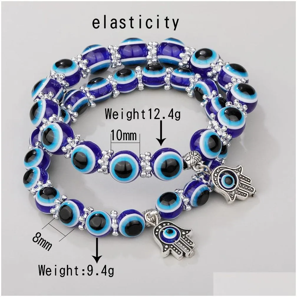 Beaded Fashion Sier Color Strand Bracelet Evil Blue Eye Hand Palm Bracelets For Women Beads Chain Vintage Jewelry Female Drop Deliver Dhmgt
