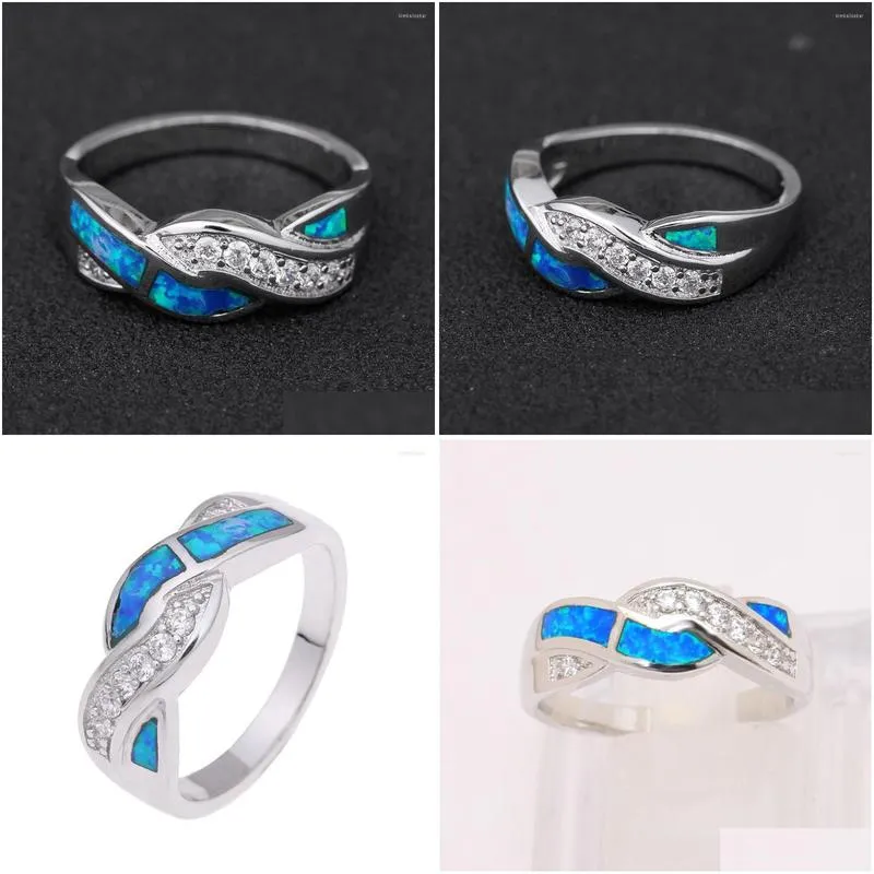 Wedding Rings Fashion Sier Color Opal Jewelry Engagement Finger For Women Gift Distribution Blue Stone Setting Size 6-11 Drop Deliver Dhwuc