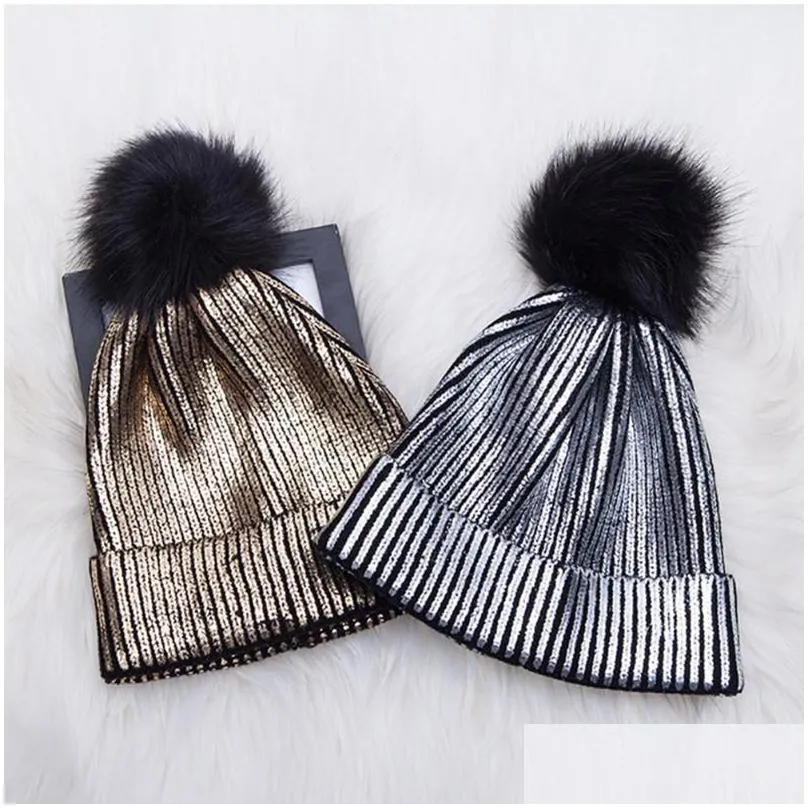 Beanie/Skull Caps Beanies Beanie/Skl Caps Shiny Beanie Women Hats Girl Pompom Autumn Winter Solid Cap Hair Ball Cloghet Soft Cute Warm Dh7Mt