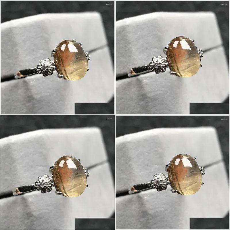 Cluster Rings Natural Gold Rutilated Quartz Ring Jewelry For Woman Lady Man Crystal 10X8Mm Oval Beads Sier Stone Adjustable Drop Deli Dhzhw