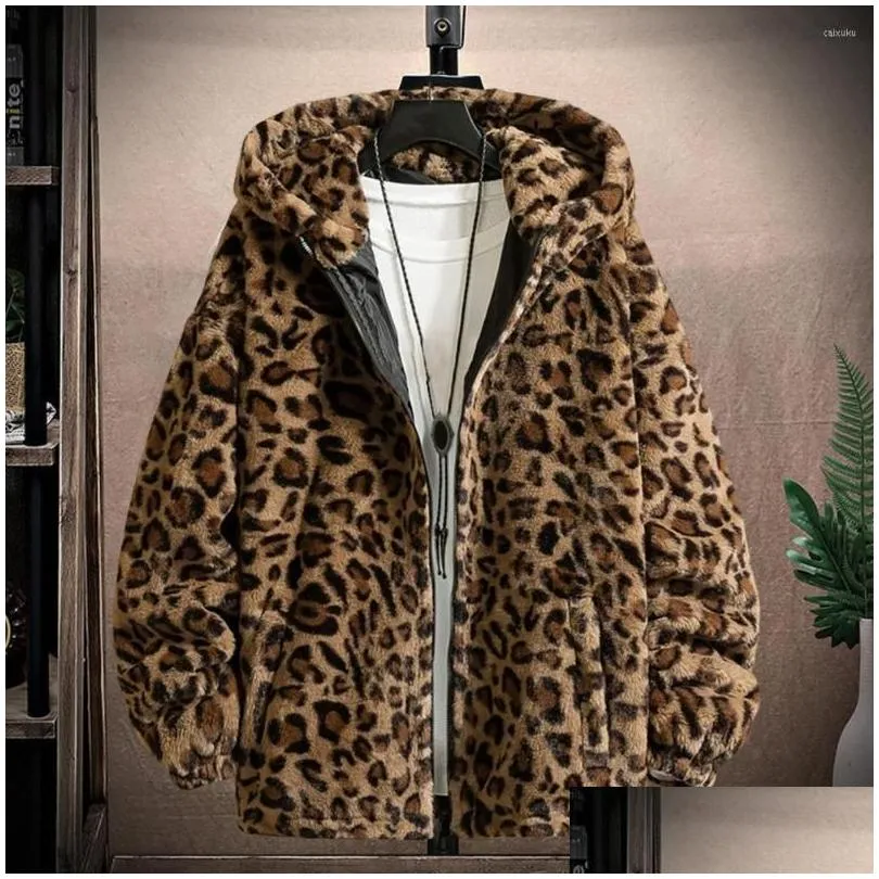 Men`S Jackets Mens Jackets Coat For Men Leopard Print Long Sleeve Zipper Closure Winter Thickened Double-Sided P Hooded Jacket Outerwe Dhydc