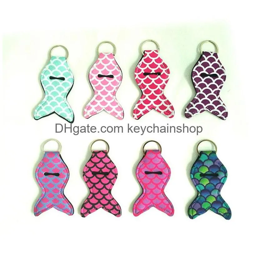 Mermaid Tail Printed Er Girl Lipstick Keychains Neoprene Chapstick Sleeve Key Ring Mti Colors Chain Party Favors Drop Delivery Dh6Hl