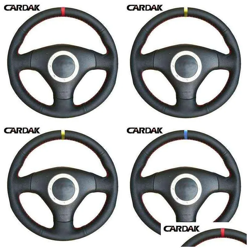 Steering Wheel Covers Cardak Black Leather Red Marker Car Steering Wheel Ers For A4 B6 2002 A3 3Spoaks 2000 2001 2003 Tt 19992005 J220 Dhcjg