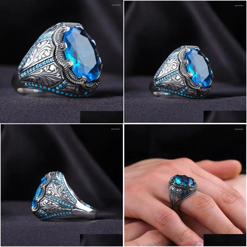 Cluster Rings Retro Handmade Turkish Signet For Men Ancient Sier Color Carved Pattern Ring Blue Zircon Inlay Punk Drop Delivery Dho3U