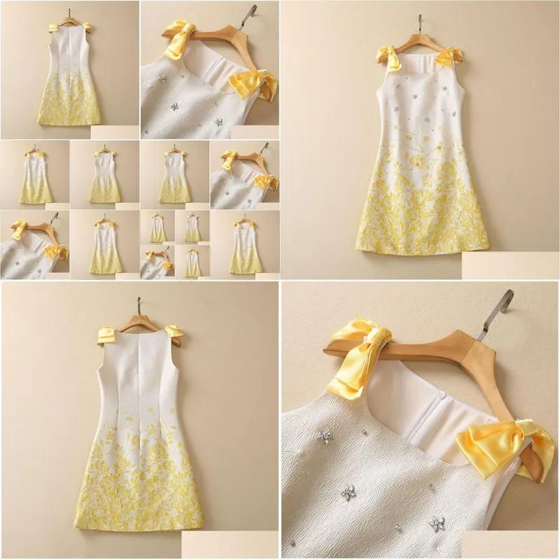 Basic & Casual Dresses Casual Dresses European And American Womens Clothes 2023 Spring New Bow Jacquard Print Sleeveless Yellow Fashi Dhzko