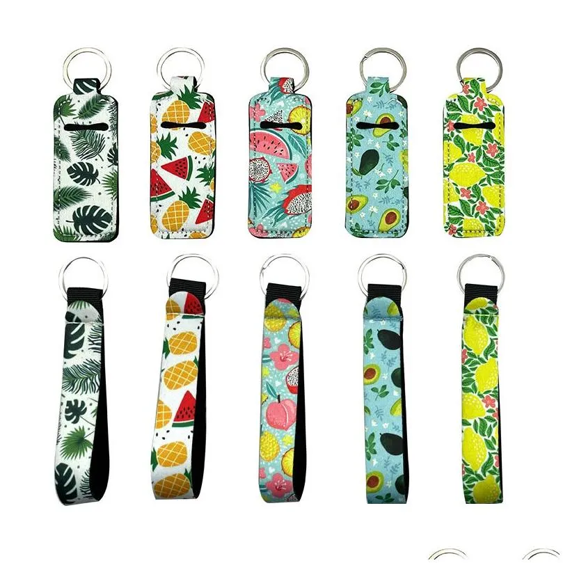 Summer Fruit Printed Chapstick Lip Gross Holder Keychains Fashion Wristband Keychain Neoprene Key Ring Wristlet Fob Drop Delivery Dhsgt