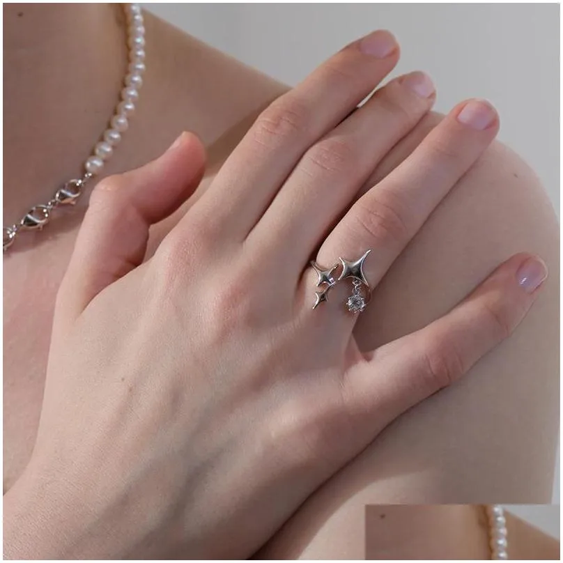 Wedding Rings Punk Sier Color Four Pointed Star Ring Zircon Pendant Original Handmade Adjustable Size For Womenwedding Toby22 Drop De Dhlpw
