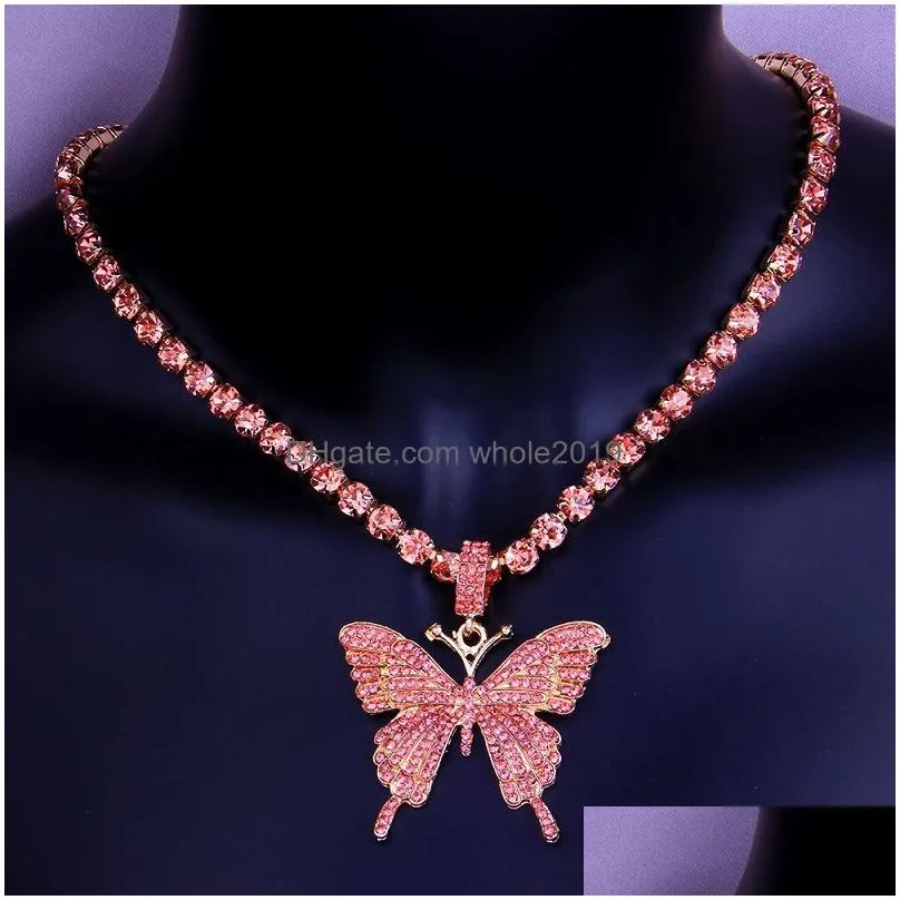 Pendant Necklaces Iced Out Butterfly Pendant Necklace Gold Sier Tennis Chain Mens Womens Hip Hop Necklaces Jewelry Drop Delivery Jewel Dhpp7