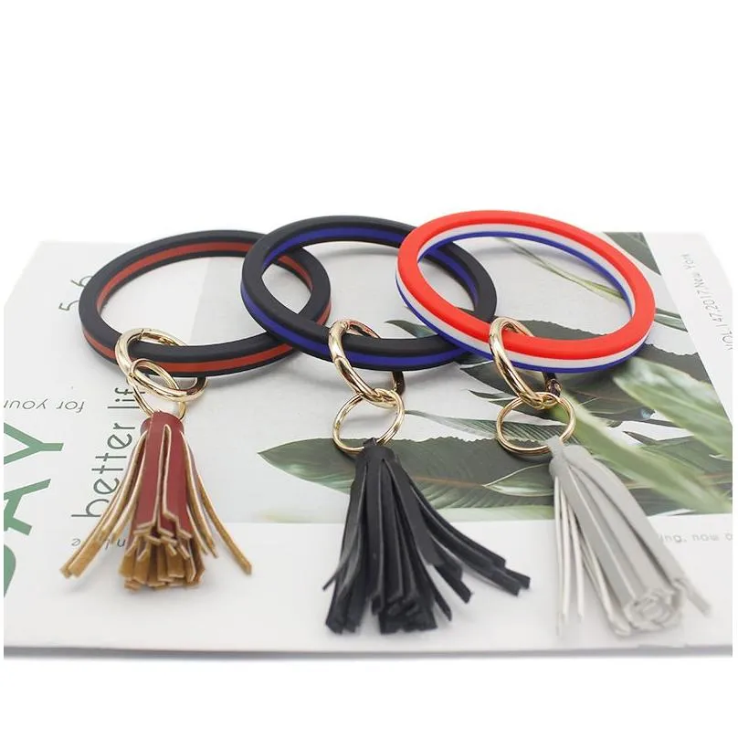 Sile Bangle Bracelet With Pu Leather Tassel Circle Keyring Round Key Ring Chain For Drop Delivery Dhk7F