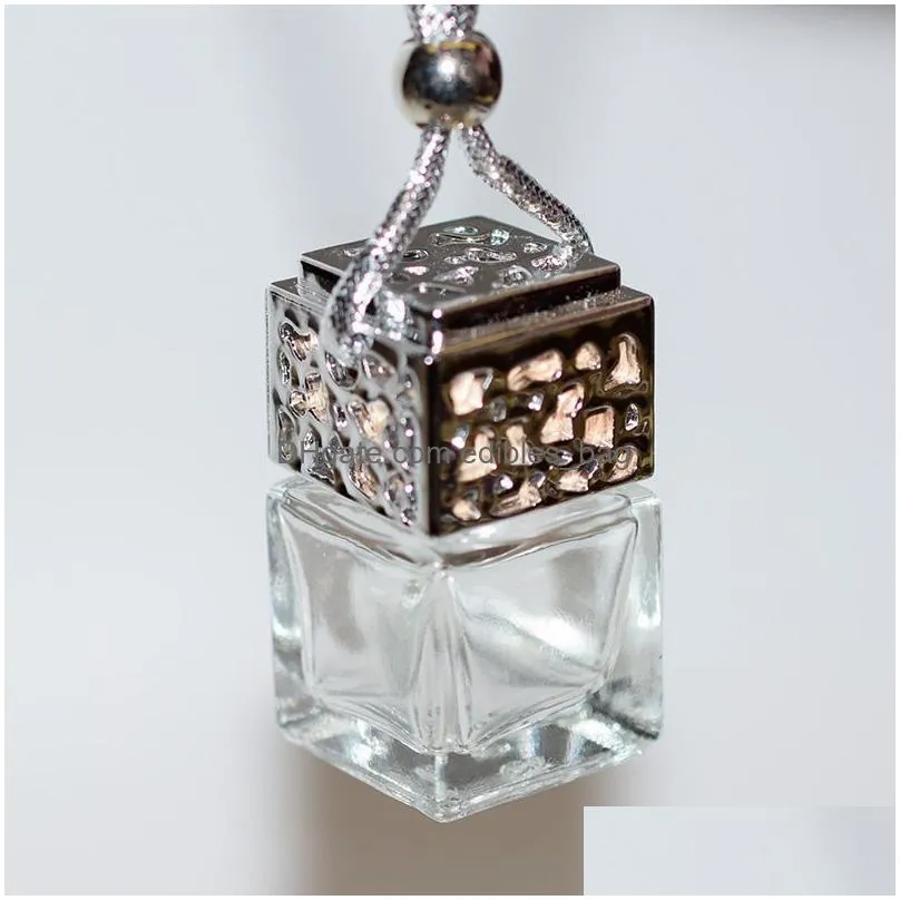 cube hollow car perfume bottle rearview ornament hanging air freshener for  oils diffuser fragrance empty glass bottle pendant