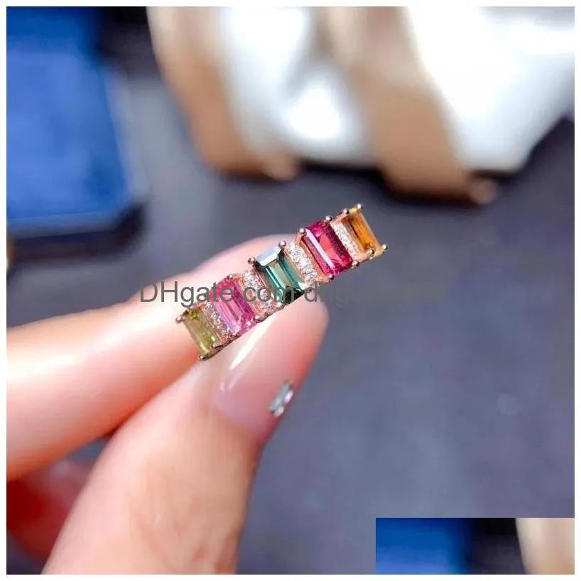 Cluster Rings Natural Mti-Color Tourmaline Ring For Woman M 5Mm Sier 925 Gemstone Jewelry Drop Delivery Dhot7