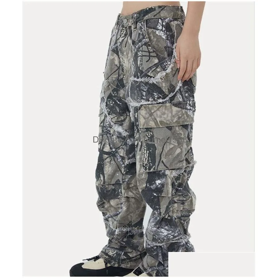 Men`S Pants Mens Pants Spring Summer Hip-Hop Fashion Camouflage Printed Jeans Straight Wide Leg Loose Wearproof Handsome Drop Deliver Dhkoj