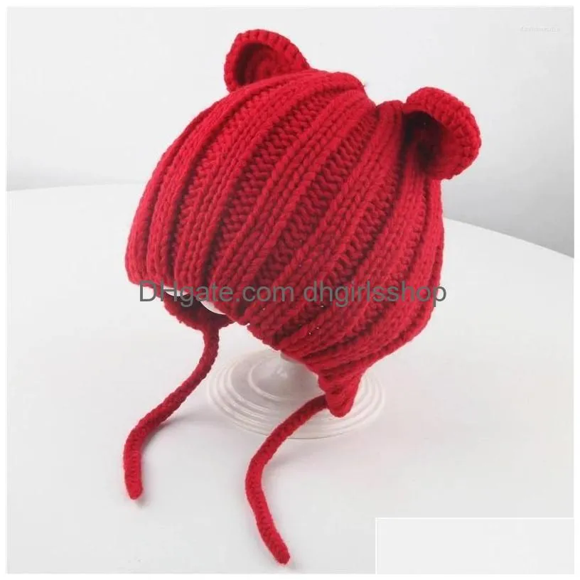 Berets Knitted Beanie Hat For Kids Childrens Warm Woolen Earmuffs Hats Baby Boys Girls Autumn Winter Lace-Up Handmade Caps Drop Deliv Dhlit