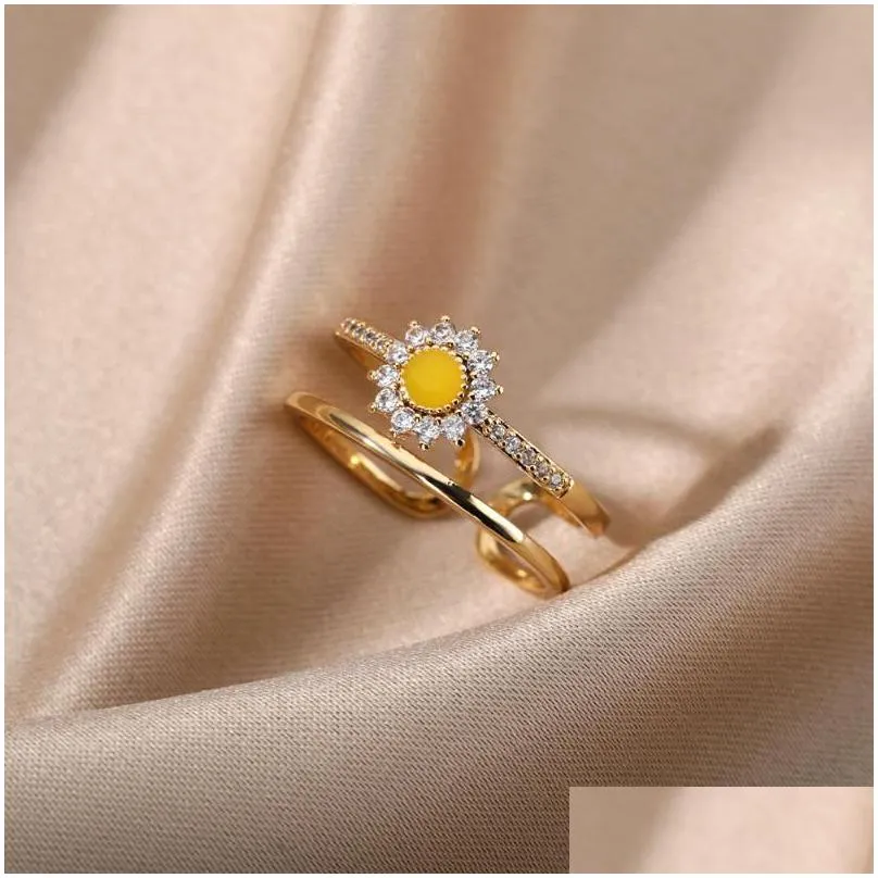 Cluster Rings Zircon Opal Sunflower For Women Open Adjustable Stainless Steel Gold Sier Color Finger Ring Couple Jewelry Anillos Drop Dhwvi