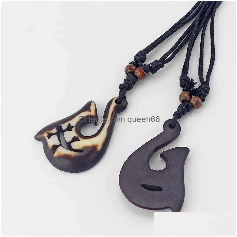 Pendant Necklaces Necklaces 12Pcs Ethnic Tribal Imitation Yak Bone Nz Maori Hook Amet Pendant Necklace Black Wax Cord Wood Beads Surfe Dhwqj