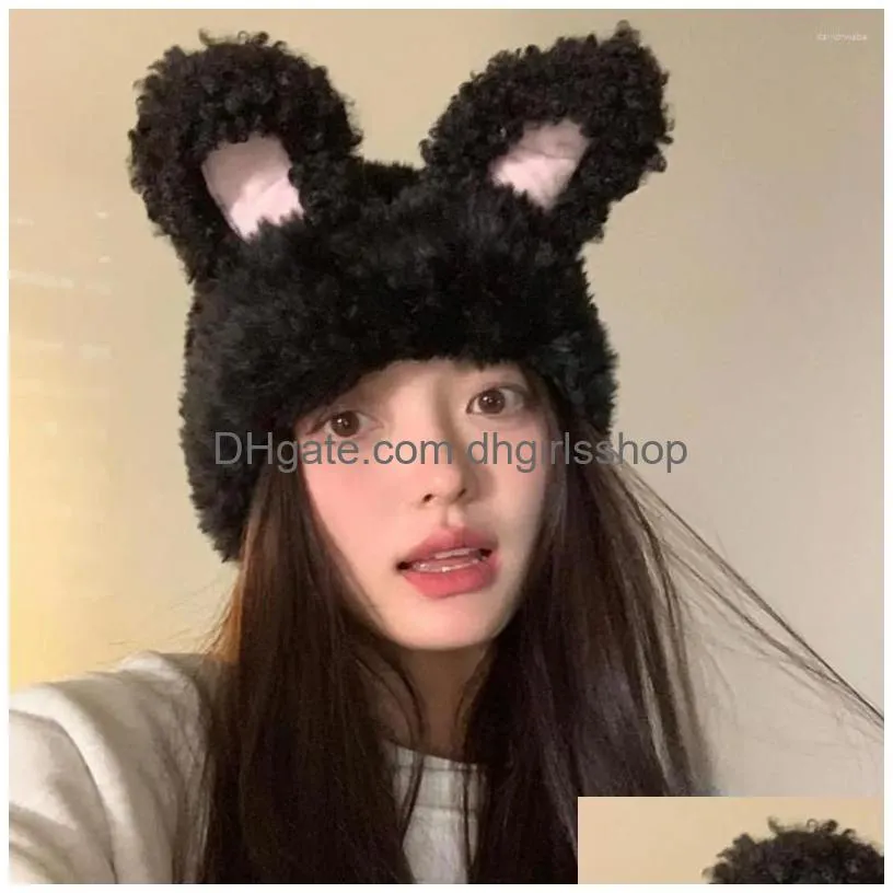 Berets Color Matching Women Winter Hat Cartoon Ear Decor Protection Lady Cap Soft P Elastic Anti-Slip Ears Drop Delivery Dhwah