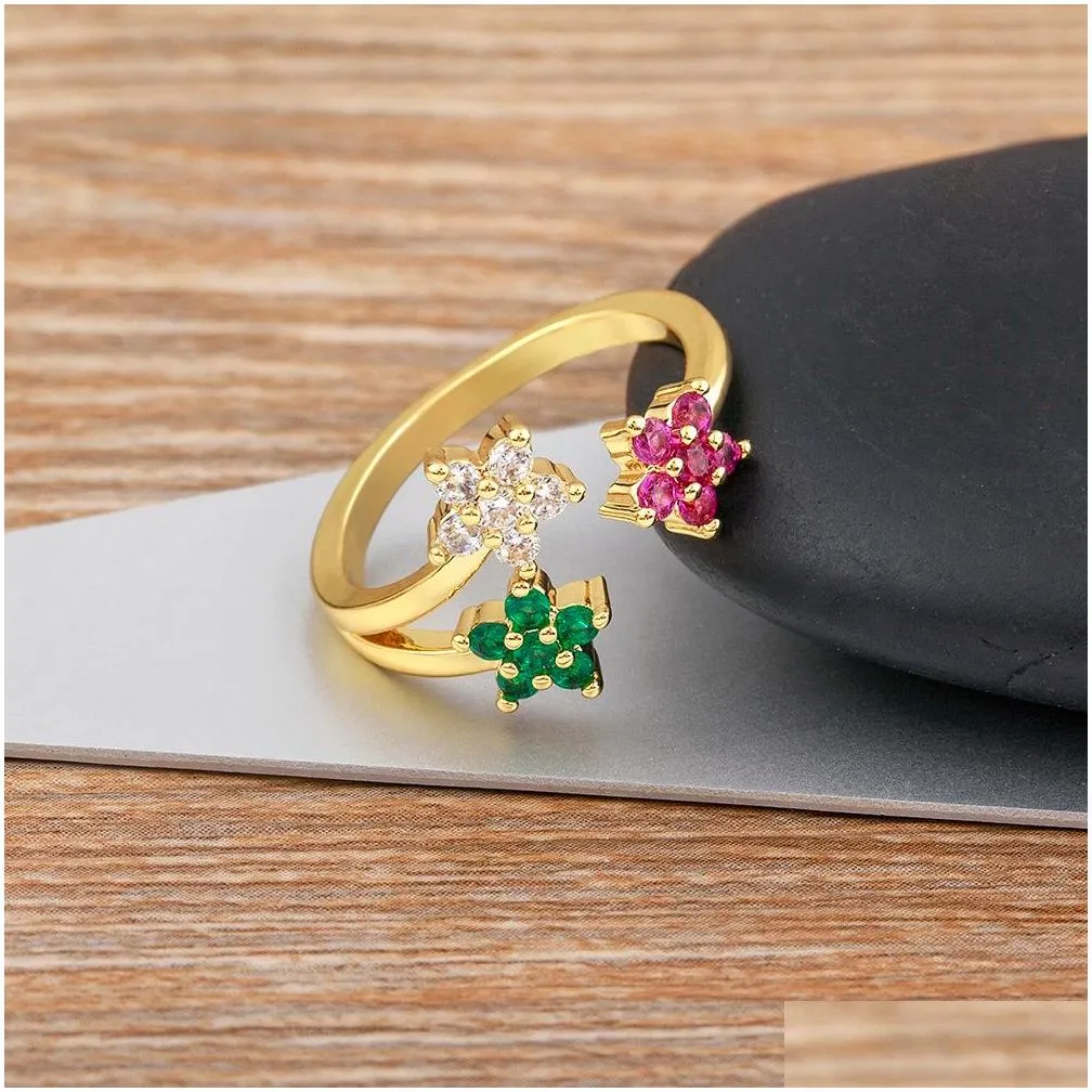 cute female crystal open adjustable ring charm 14k yellow gold women dainty bride flower zircon engagement jewelry party gift