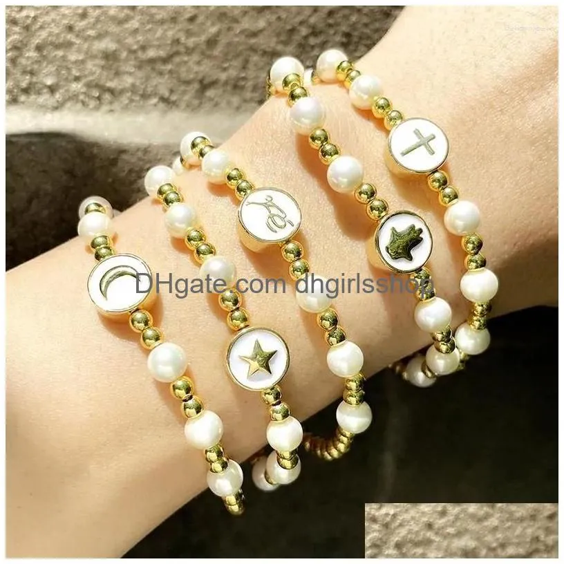 Chain Link Bracelets 5Pcs European And American Fashion Simple Niche Design Ins Wind Pearl Bracelet Female Cross Star Moon Elastic Gi Dhuwq