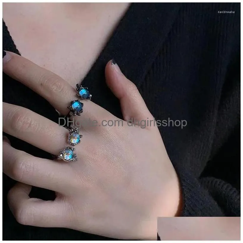 Cluster Rings Elegant White Blue Opal Natural Stone Ring For Women Vintage Geometric Aesthetic Egir Hollow Open Finger Trendy Jewelry Dhkjx