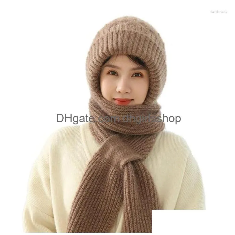 Berets 2-In1 Soft Warm Scarf Cap Cloghet Hooded Hat For Skiing Hiking Lady Windproof Shawl With Neck Ers Drop Delivery Dh7Ib