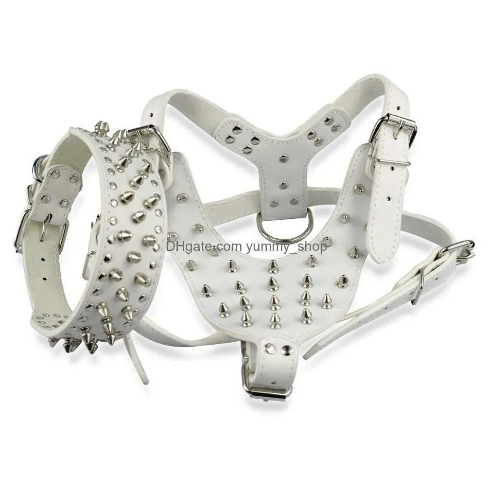 wholesale-brown large spiked studded leather dog harness collar set for pit bull mastiff