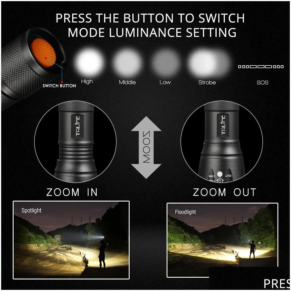 led flashlight tactical flashlight 8000lumens t6/l2/v6 zoomable 5 modes aluminum lanterna led torch flashlights for camping