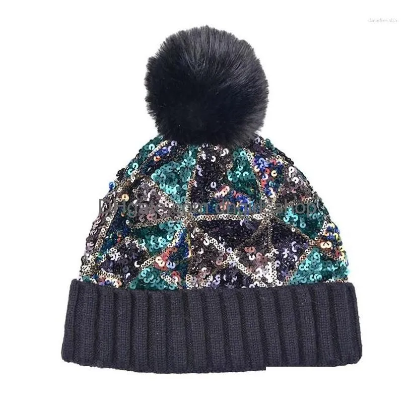 Berets Sequins Outdoor Knitting Keep Warm Women Pompom Hat Fashion Thickening Winter Cold Protection Knitted Beanie Drop Delivery Dh8Pb