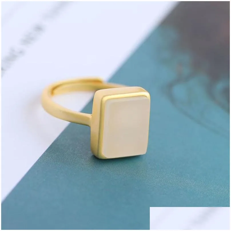 Cluster Rings Sier Inlaid Natural Hetian White Jade Square Geometric Opening Adjustable Ring Chinese Style Retro Luxury Womens Drop D Dhgyb