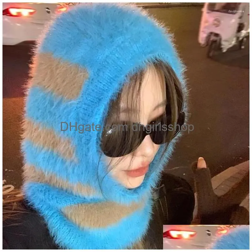 Berets Winter Design Clava Knitted Womens Hat Stripe Mink Hair Cap Bonnets For Female Personality Neck Warm Sklies Beanies Drop Deliv Dhp8Y