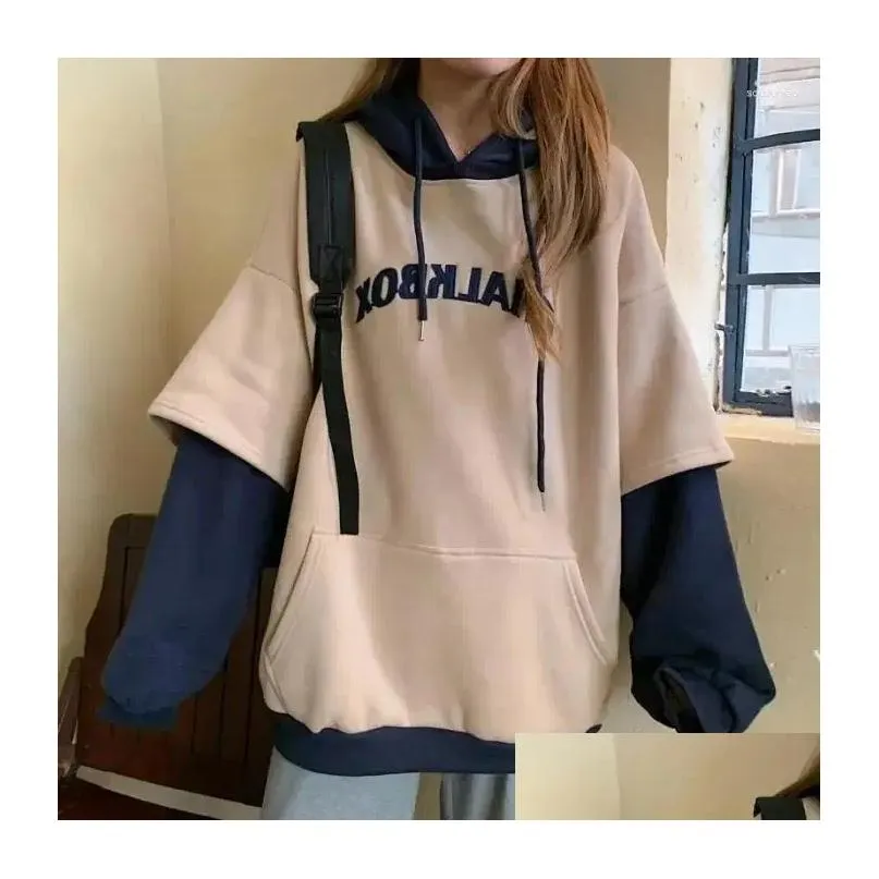 women`s hoodies 2024 fake two piece hooded pullover sweater for loose large lazy style plush thickened top