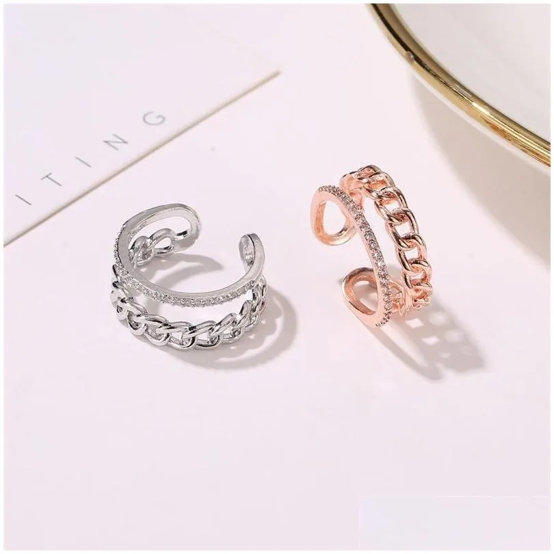 Cluster Rings Temperament Rose Gold Diamond Double-Layer Chain Ring For Women Fashion Adjustable Opening Engagement Drop Delivery Dhl8G