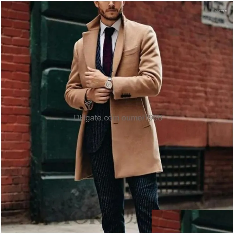 Men`S Wool & Blends Mens Wool Autumn Winter Woolen Coat Men Casual Single Breasted Mid-Length Jacket Outwear Man Turn-Down Collar Soli Dhu5N