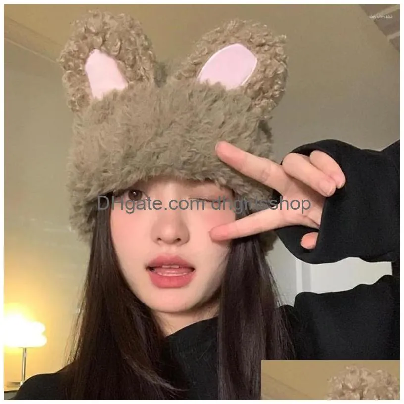 Berets Color Matching Women Winter Hat Cartoon Ear Decor Protection Lady Cap Soft P Elastic Anti-Slip Ears Drop Delivery Dhwah