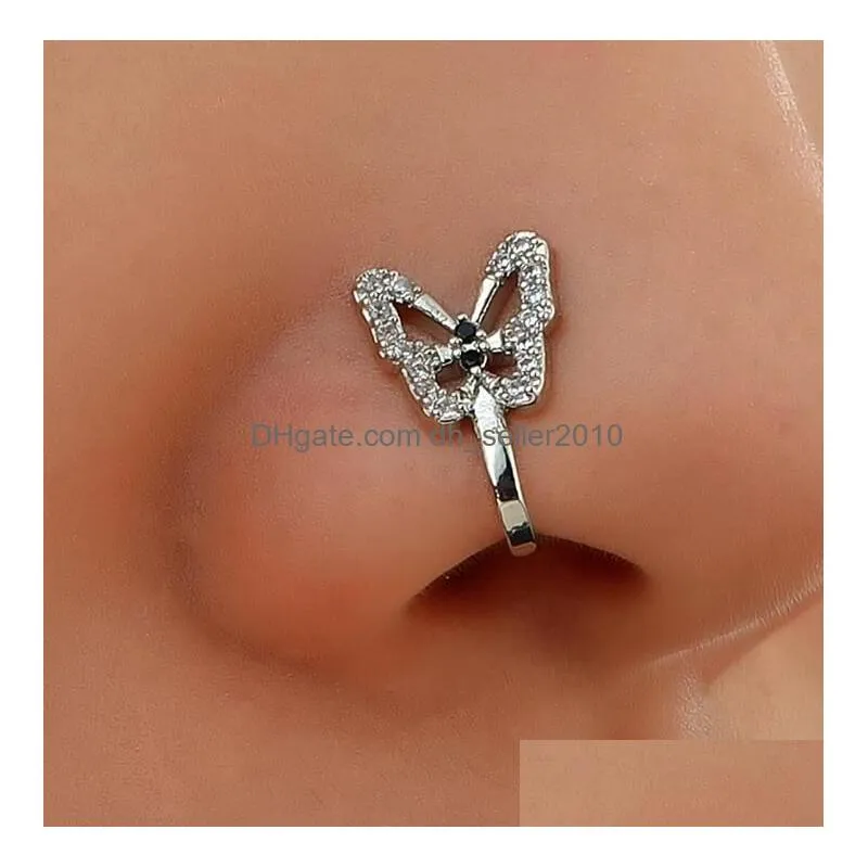 Nose Rings & Studs Crystal Butterfly Fake Nose Ring Non Piercing Clip On Indian Style Cuff Septum Nariz Jewelry Drop Delivery Jewelry Dhoiy