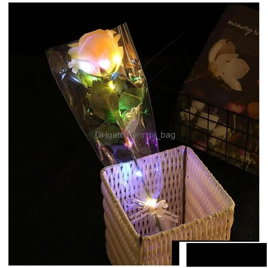 Party Decoration Glowing Artificial Roses Flowers Led Light Up Long Stem Fake Silk Rose For Diy Bouquet Table Centerpiece Home Atmosp Dhayq