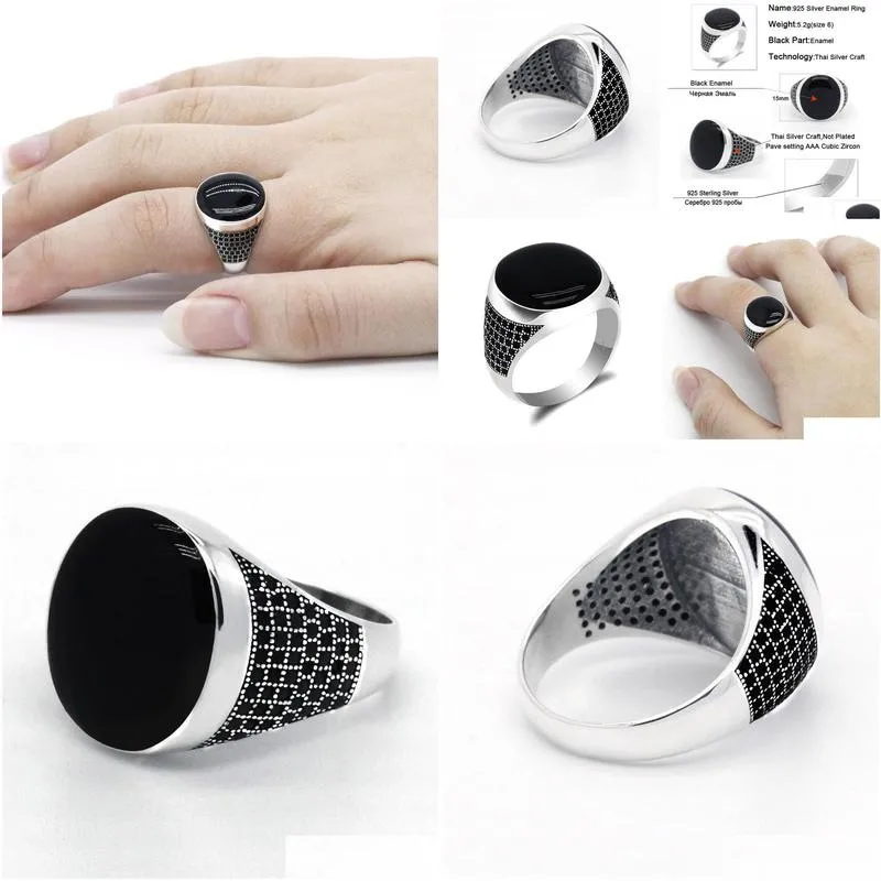 Cluster Rings Pure 925 Sterling Sier Man Ring With Oval Black Enamel Thai Women Male Fine Jewelry Couple Gift Simple Design Drop Deli Dhgdx