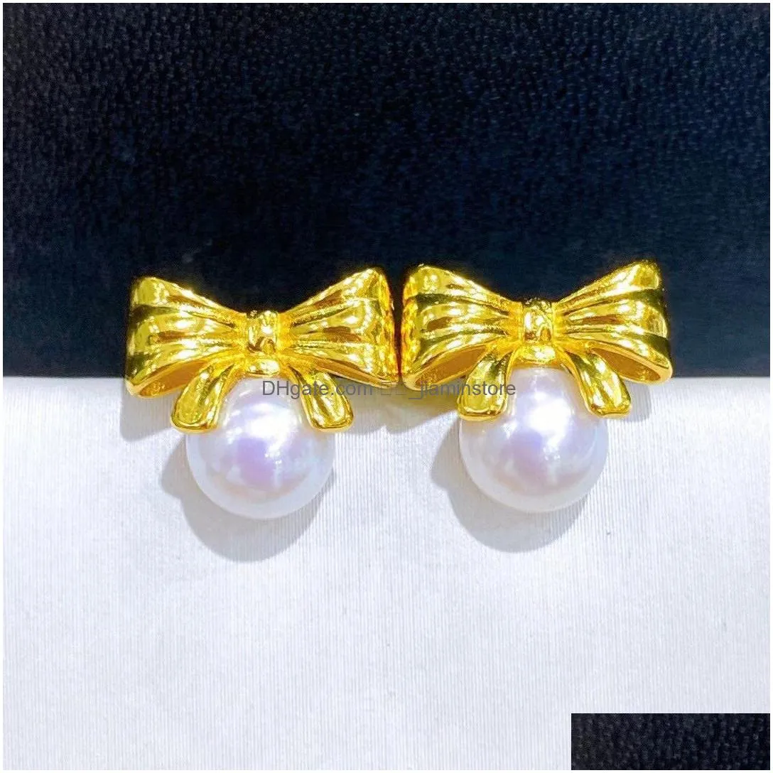 Stud 22090905 Diamondbox -Jewelry Earrings Ear Studs White Pearl Sterling 925 Sier Bow Knot Ribbon Aka 6.5-7 Mm Round Gift Girl Au750 Otnik