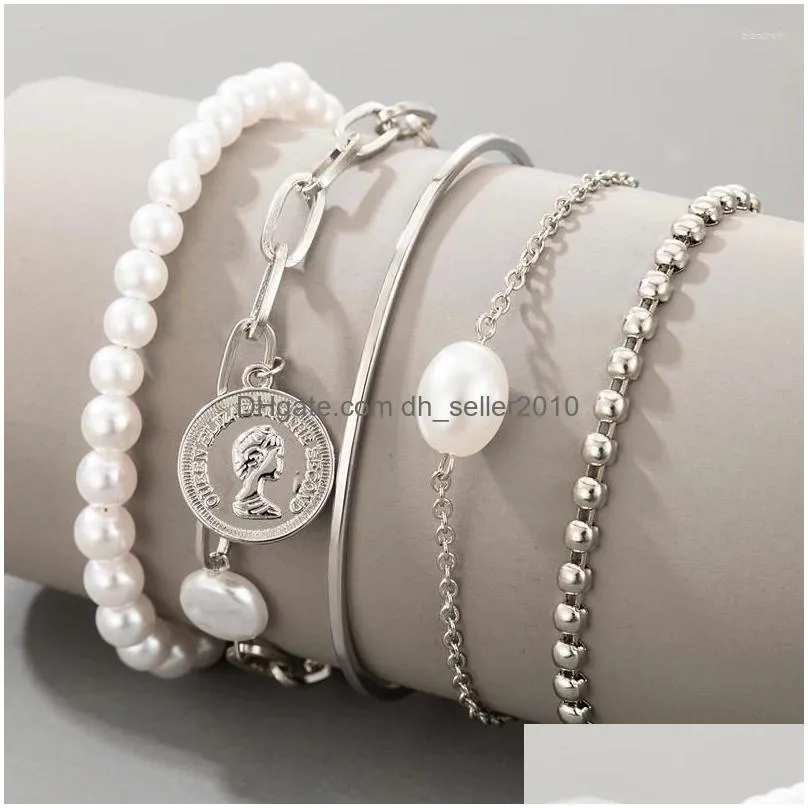 Chain Link Bracelets Huatang Pretty Pearl Stone Portrait Pendant For Women Trendy Sier Color Alloy Adjustable Bracelet 5Pcs/Set Jewel Dhov0