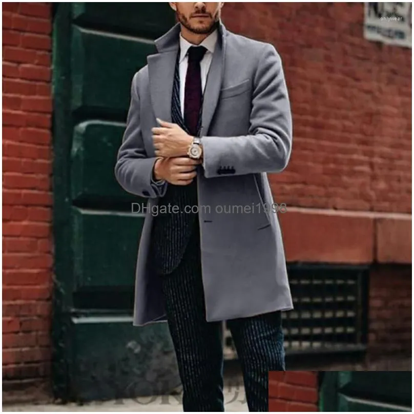 Men`S Wool & Blends Mens Wool Autumn Winter Woolen Coat Men Casual Single Breasted Mid-Length Jacket Outwear Man Turn-Down Collar Soli Dhu5N