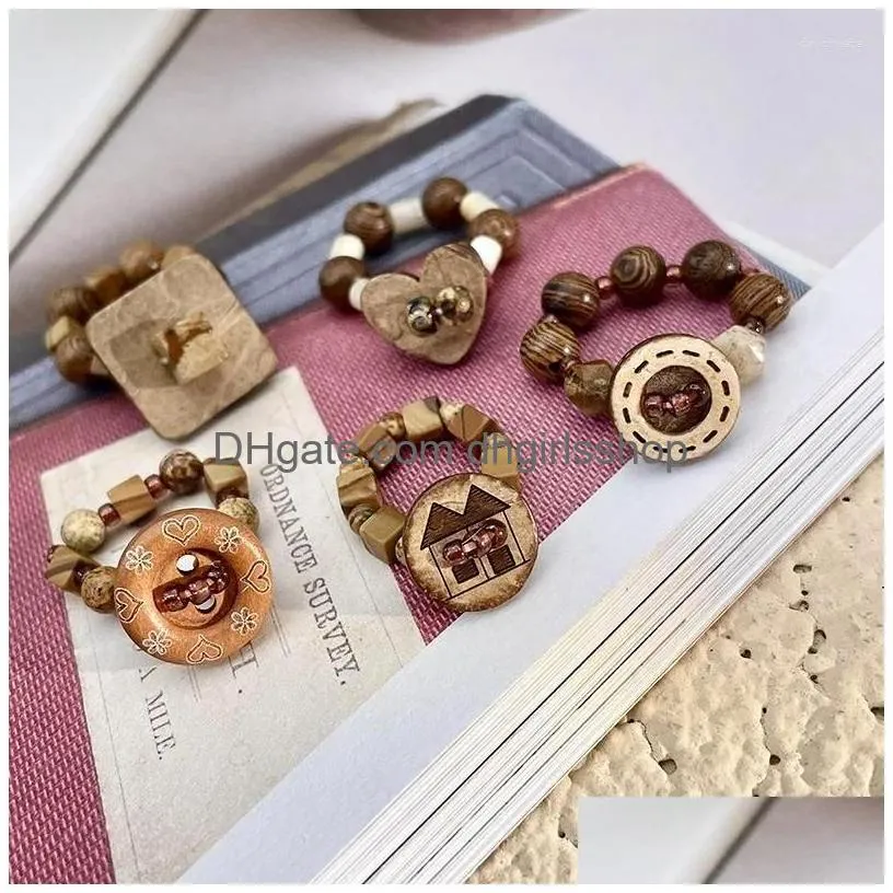 Cluster Rings Vintage Wooden Button Handmade Beaded Ring For Women Aesthetics Cool Charm Maillard Style Accessories Fashion Jewelry D Dhxpw