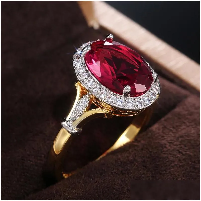 Cluster Rings Big Oval Shaped Rose Red Cubic Zirconia Women Luxury Ladies Jewelry For Party Mothers Gift Brilliant Cz Drop Delivery Dhl9I