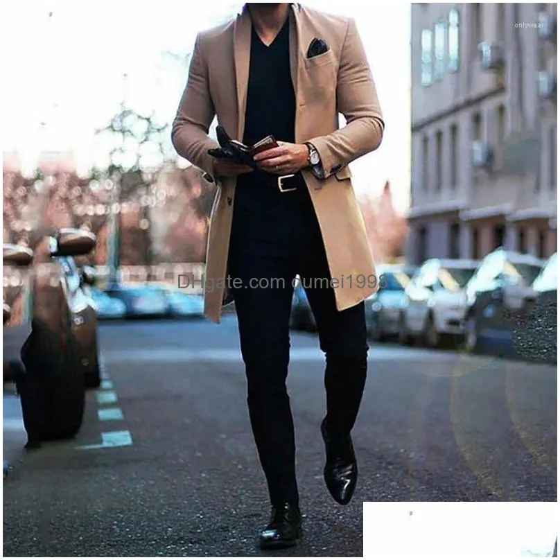 Men`S Wool & Blends Mens Wool Autumn Winter Woolen Coat Men Casual Single Breasted Mid-Length Jacket Outwear Man Turn-Down Collar Soli Dhu5N