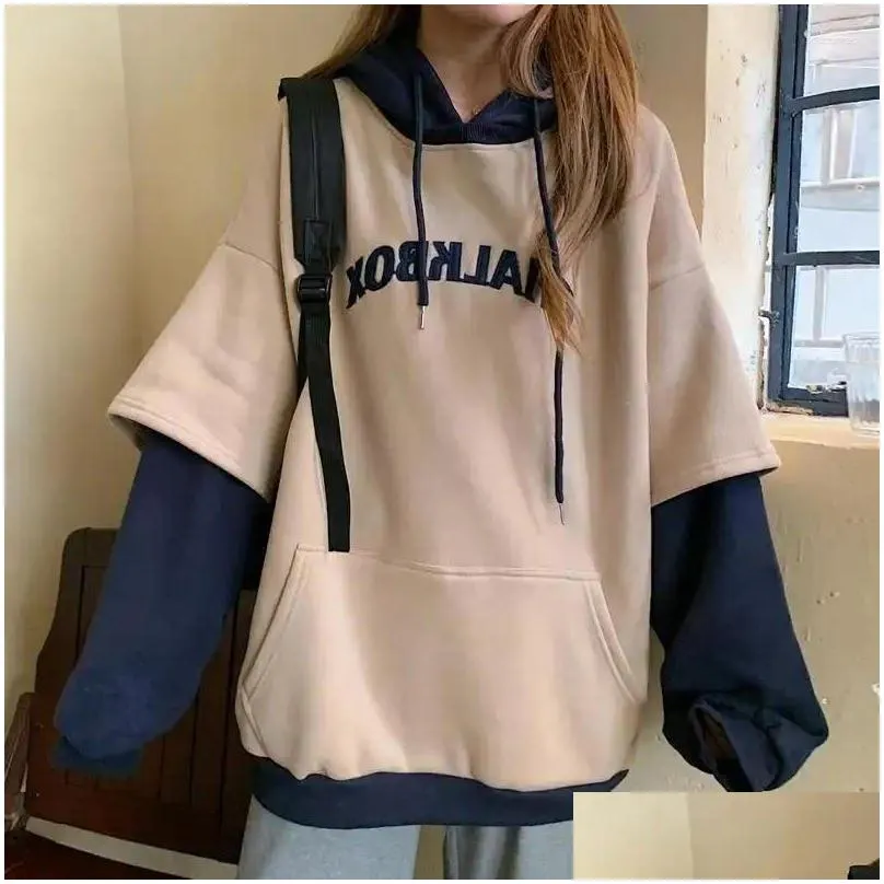 women`s hoodies 2024 fake two piece hooded pullover sweater for loose large lazy style plush thickened top