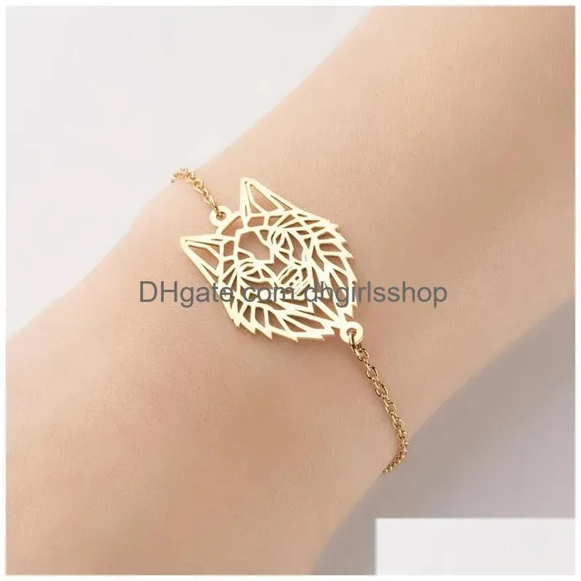 Charm Bracelets 20Pcs/Lot Stainless Steel Gold Sier Color Wolf Charms Chain Bracelet For Women Fashion Jewelry Gift Wholesale Drop De Dhhvg
