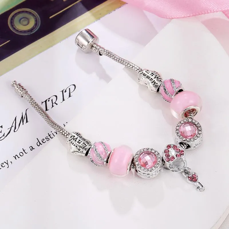 pan home diy bracelet pink series love key pendant pink spiral accessories glass beads