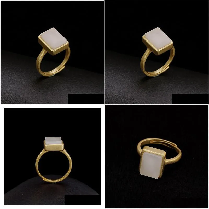 Cluster Rings Sier Inlaid Natural Hetian White Jade Square Geometric Opening Adjustable Ring Chinese Style Retro Luxury Womens Drop D Dhgyb