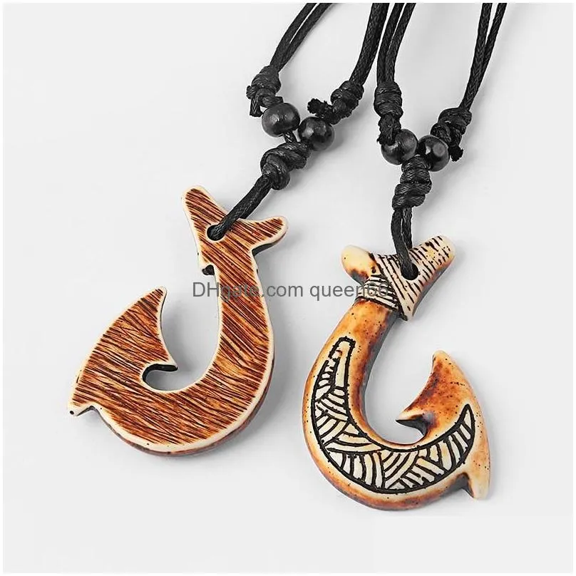 Pendant Necklaces Necklaces 12Pcs Ethnic Tribal Imitation Yak Bone Nz Maori Hook Amet Pendant Necklace Black Wax Cord Wood Beads Surfe Dhwqj