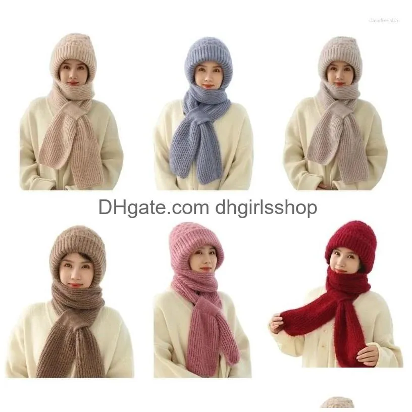 Berets 2-In1 Soft Warm Scarf Cap Cloghet Hooded Hat For Skiing Hiking Lady Windproof Shawl With Neck Ers Drop Delivery Dh7Ib