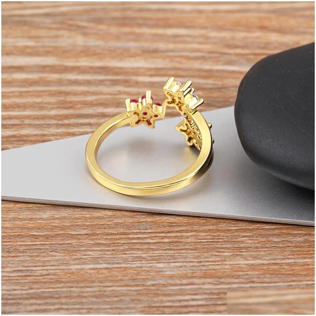 cute female crystal open adjustable ring charm 14k yellow gold women dainty bride flower zircon engagement jewelry party gift
