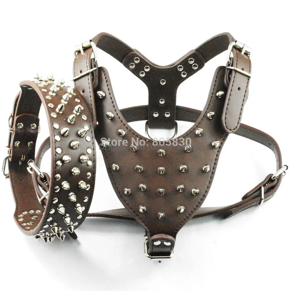 wholesale-brown large spiked studded leather dog harness collar set for pit bull mastiff